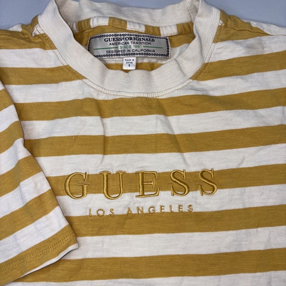 Guess Jeans T Shirt Mens sz Small Yellow White Striped Tee Georges Marciano‎